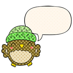 cute cartoon owl in hat and speech bubble in comic book style