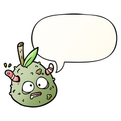 cartoon rotting old pear and worm and speech bubble in smooth gradient style