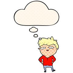 cartoon impatient man and thought bubble in comic book style