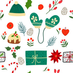 Seamless pattern with winter, Christmas elements and Christmas symbols.  Vector design for wrapping paper, textile.