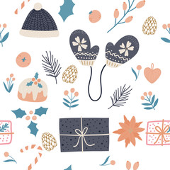 Seamless pattern with winter, Christmas elements and Christmas symbols.  Vector design for wrapping paper, textile.