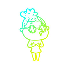 cold gradient line drawing cartoon woman wearing glasses