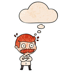 cartoon man with mustache shocked and thought bubble in grunge texture pattern style