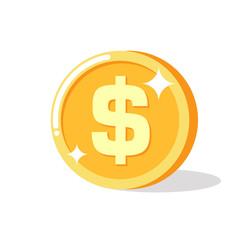 sparkling dollar coin gold icon with a flat and simple cartoon style