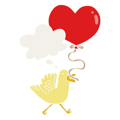 cartoon bird with heart balloon and thought bubble in retro style