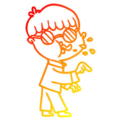 warm gradient line drawing cartoon boy wearing spectacles and making point