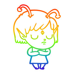 rainbow gradient line drawing cartoon alien girl