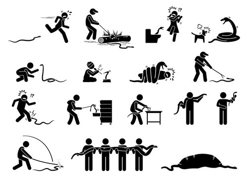 Human and snake pictograms icons. Illustrations depict people scared, running away, catch, capture, bitten, swallowed, and killing snake.