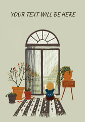 Hand drawn baby in blue sweater sitting on carpet near plants by the window and looking on a rain