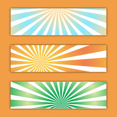 Set of three abstract multicolored backdrops textures of abstract bright energetic magical retro sunburst posters. Vector illustration