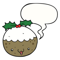 cute cartoon christmas pudding and speech bubble
