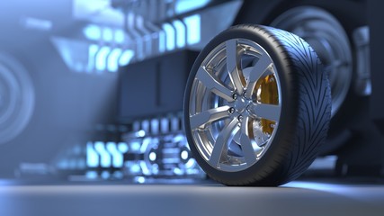 Car tires in a futuristic room. Alloy wheels. 3D visualization