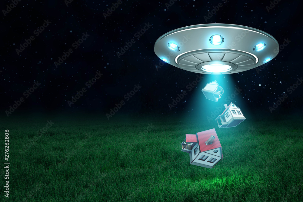 Poster 3d rendering of ufo above green field under night sky with three little houses falling down from its