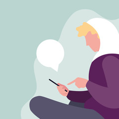 young man sitting using smartphone with speech bubble