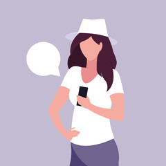 young woman using smartphone with speech bubble