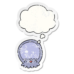 cartoon jellyfish and thought bubble as a distressed worn sticker