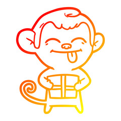 warm gradient line drawing funny cartoon monkey with christmas present