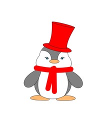 Cute cartoon penguin character wears top hat on white background