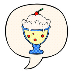 cartoon tasty dessert and speech bubble in comic book style