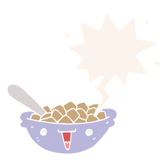 cute cartoon bowl of cereal and speech bubble in retro style