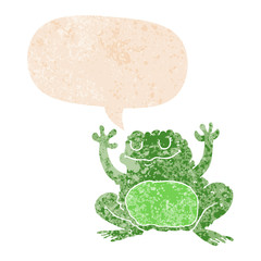 cartoon frog and speech bubble in retro textured style