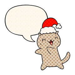 cute cartoon christmas cat and speech bubble in comic book style