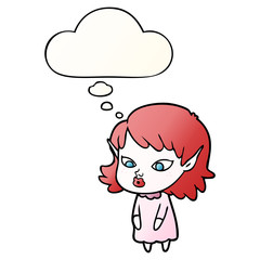 cartoon elf girl with pointy ears and thought bubble in smooth gradient style