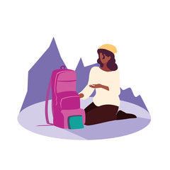 young woman sitting with travelbag