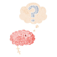 cartoon curious brain and thought bubble in retro textured style