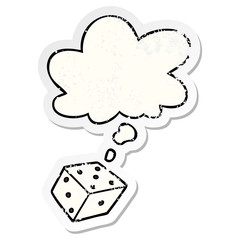 cartoon dice and thought bubble as a distressed worn sticker