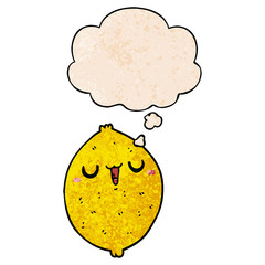 cartoon happy lemon and thought bubble in grunge texture pattern style