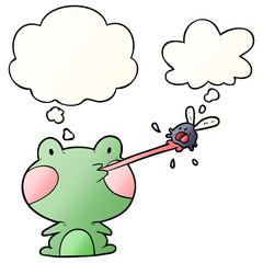 cartoon frog catching fly and thought bubble in smooth gradient style