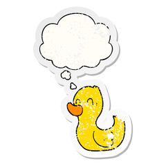 cartoon duck and thought bubble as a distressed worn sticker