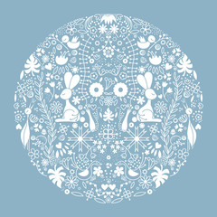 White circle pattern on blue background with animals and plants in Scandinavian style. Vector illustration. - 276265274