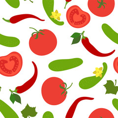 Vegetables seamless pattern. Cucumber, tomato and pepper. Paprika. Hand drawn doodle vector sketch. Healthy food collection. Vegetarian product. Vegan menu