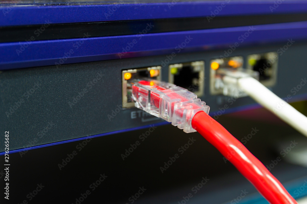 Poster the network cables to connect lan port in the datacenter room, concept communication connection tech