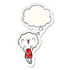 cute cartoon cloud head creature and thought bubble as a distressed worn sticker