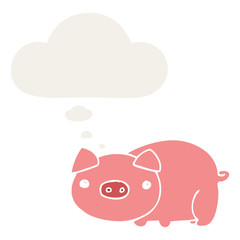 cartoon pig and thought bubble in retro style