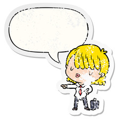 cartoon efficient businesswoman giving orders and speech bubble distressed sticker