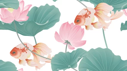 Fotobehang Goudvis Botanische naadloze patroon, roze lotusbloemen en goudvis op witte achtergrond, pastel vintage style
