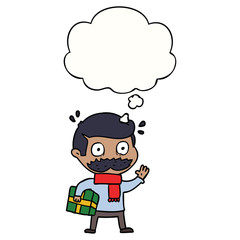 cartoon man with mustache and christmas present and thought bubble