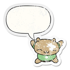 cartoon jumping bear and speech bubble distressed sticker