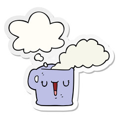 cartoon hot cup of coffee and thought bubble as a printed sticker