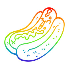 rainbow gradient line drawing cartoon hotdog with mustard