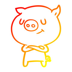 warm gradient line drawing happy cartoon pig