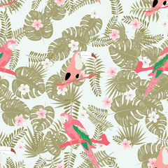 Fototapeta na wymiar Toucan,tropical flowers leaves seamless pattern