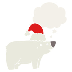 cartoon bear wearing christmas hat and thought bubble in retro style