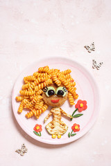 Funny Girl Food Face with Cutlet, Pasta and Vegetables