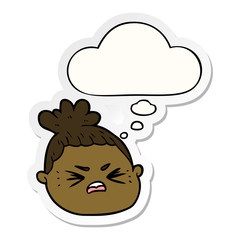 cartoon female face and thought bubble as a printed sticker