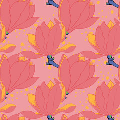 Fototapeta na wymiar Magnolia pink flowers floral seamless pattern.